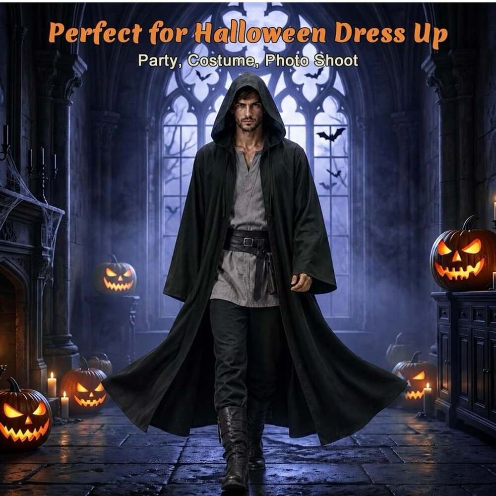 Unisex Hooded Robe Cloak Halloween Cosplay Costume Black